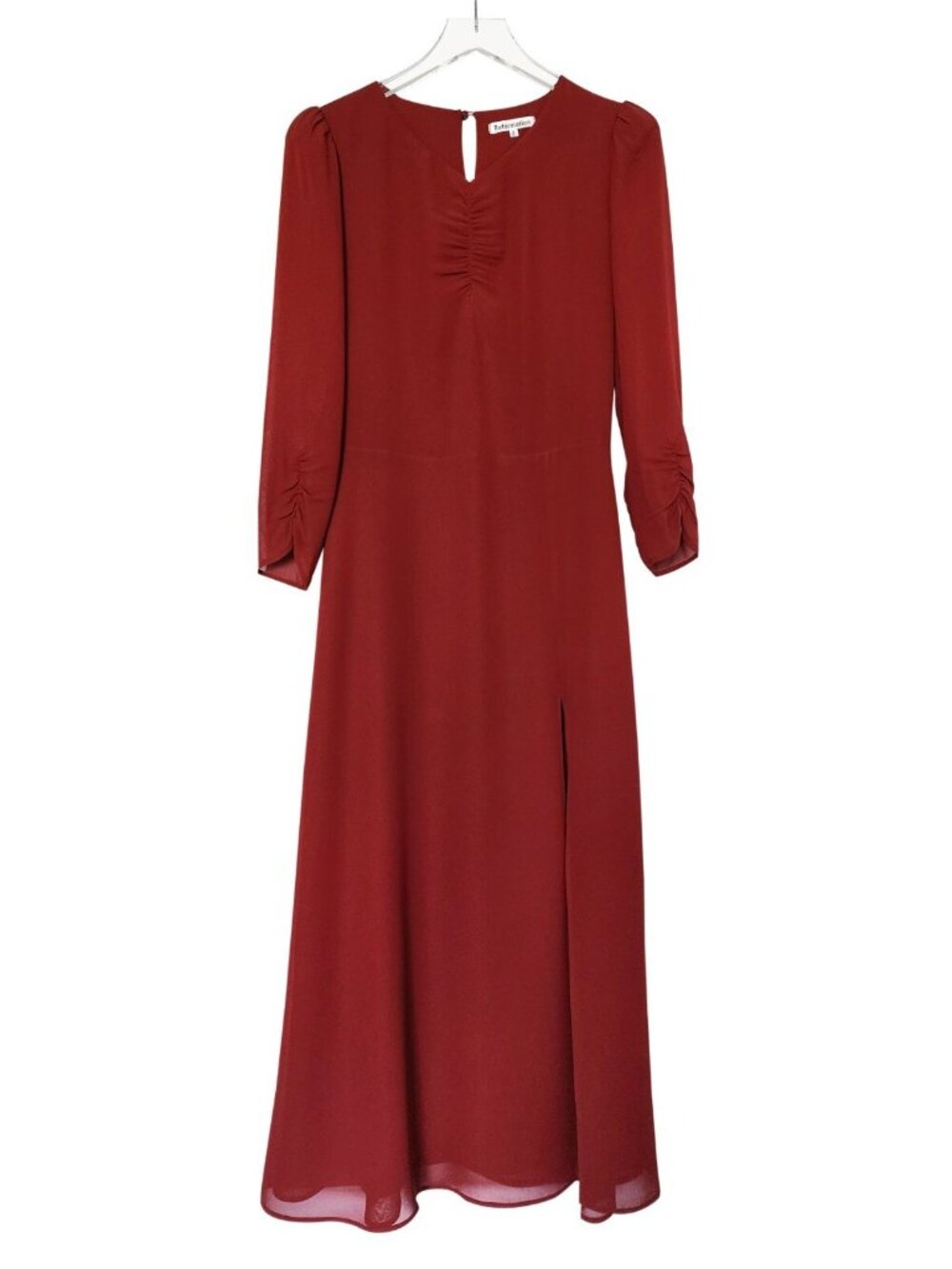 Reformation Forest Women's V-Neck Ruched Midi Dress in Chianti Size 6